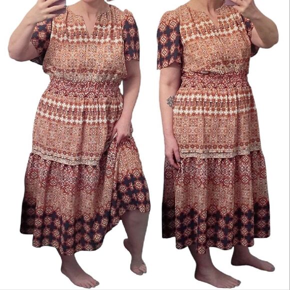 Isabel & Nina Navy Blue Red Multi Printed Short Sleeve Midi Tiered Dress Large - Picture 5 of 14